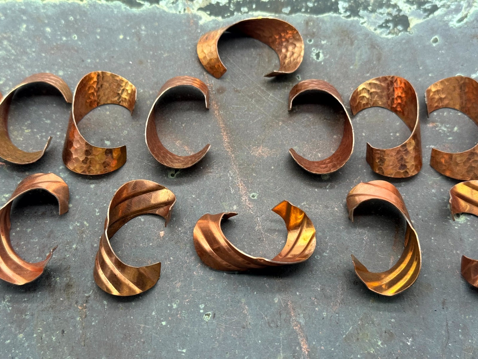 Vintage Brass Copper Finish Textured & Lined Curls Jewelry Stamping Lot of 14
