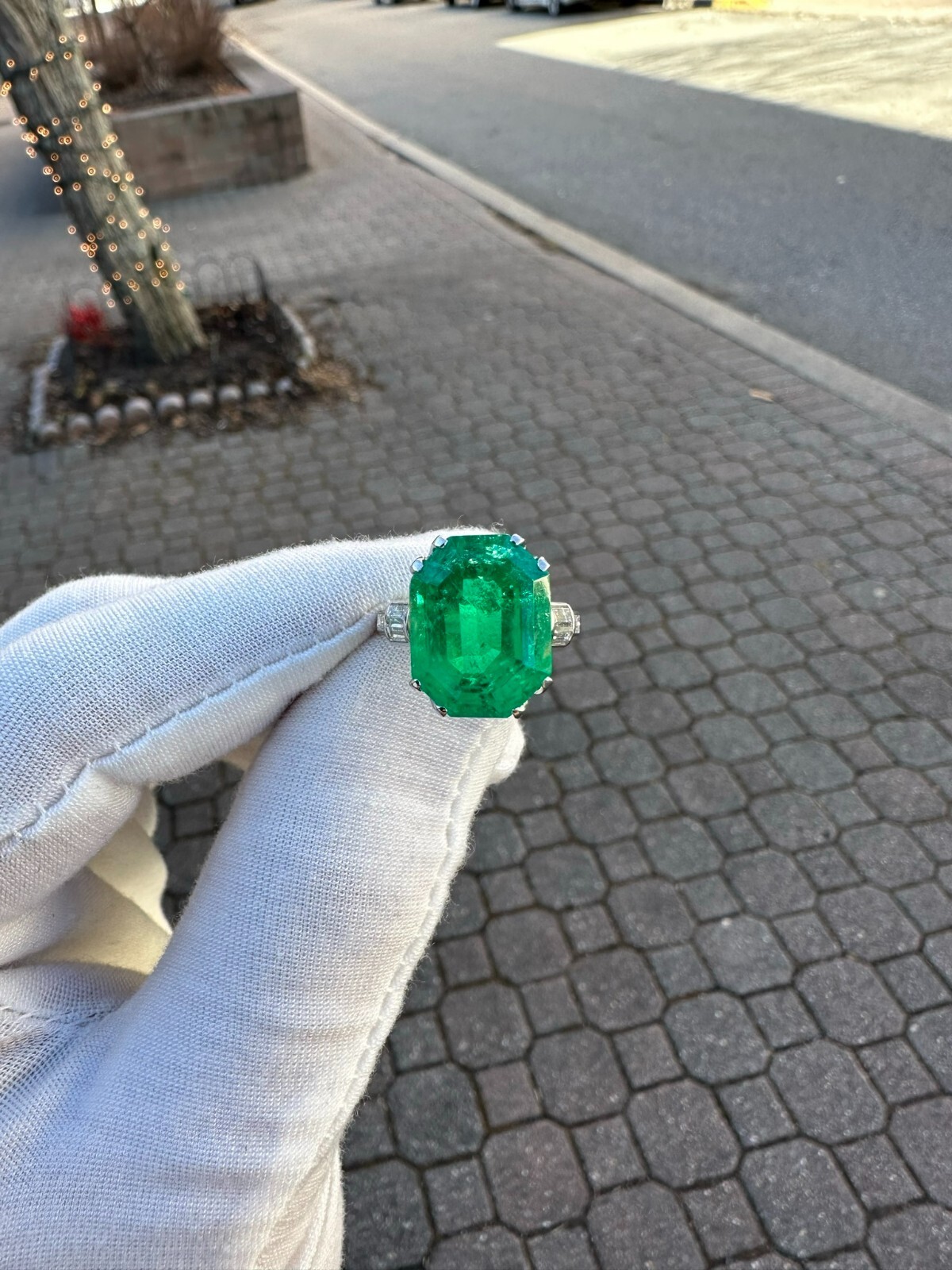 Vintage Platinum 12.16ct AGL Emerald Cut Colombian Emerald Diamond Cocktail Ring