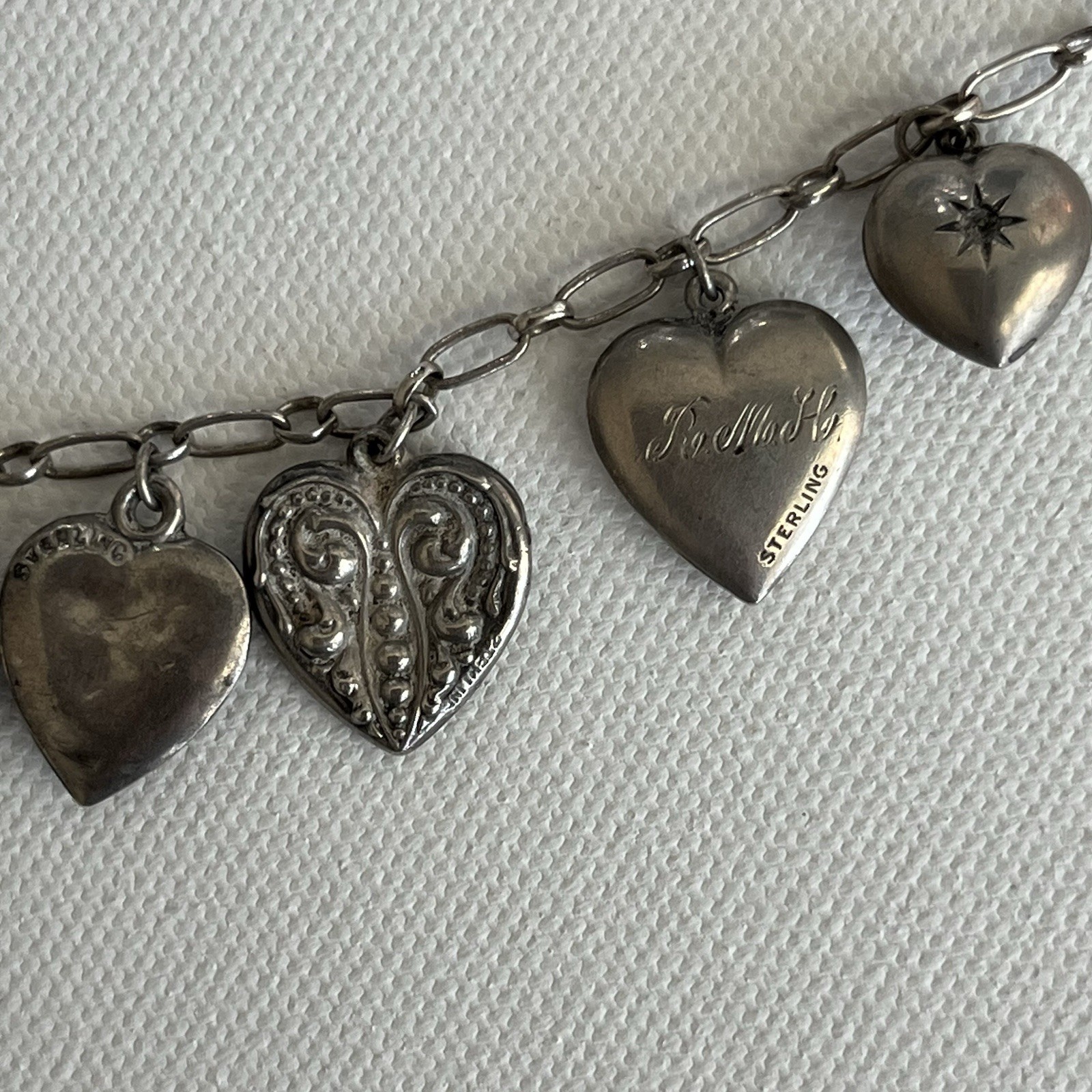Vintage WW2 Puffy Hearts Necklace Forget Me Not GREAT SEAL Patriotic Military