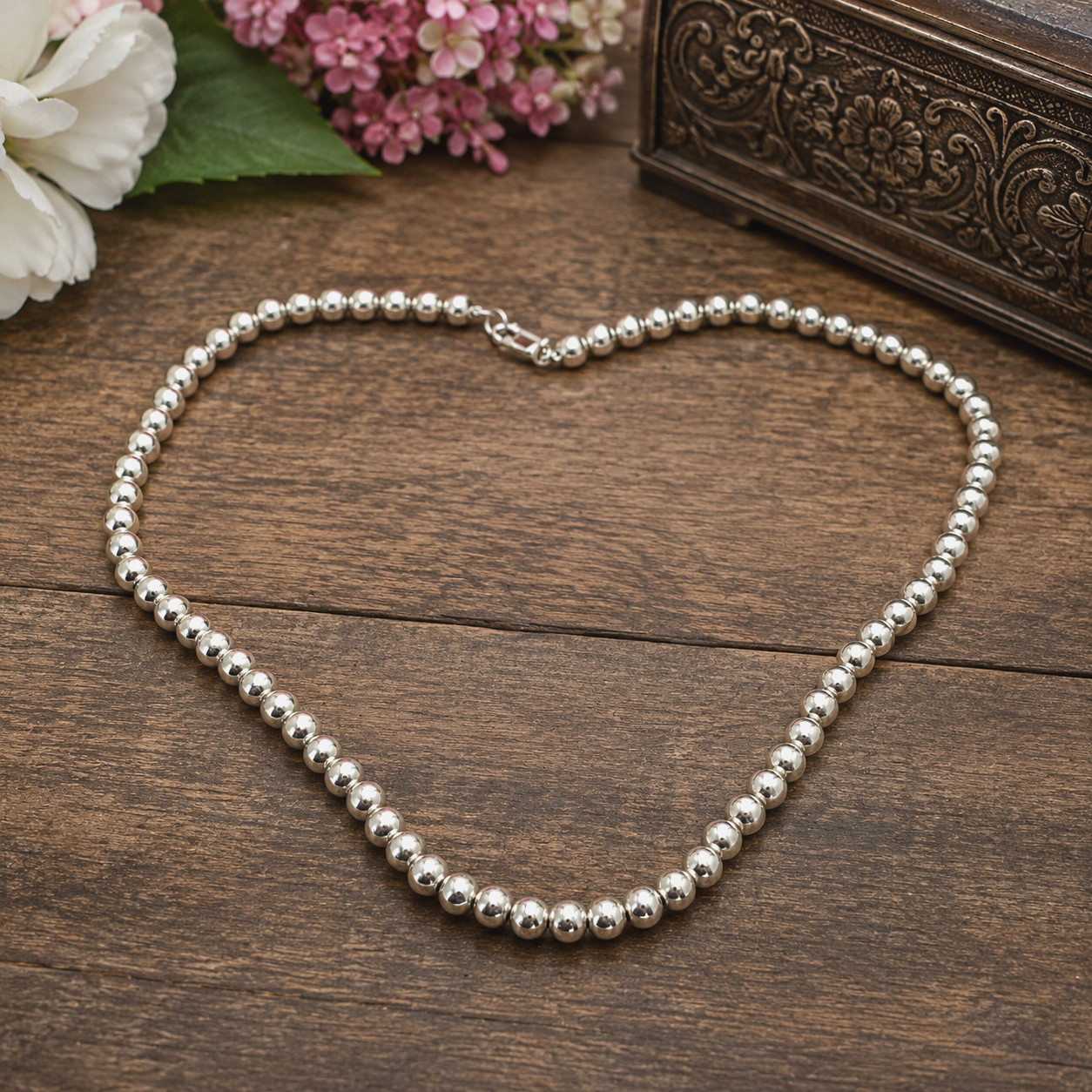 Vintage Sterling Silver Ball Bead Necklace 18 In 6mm Beaded Strand Classic
