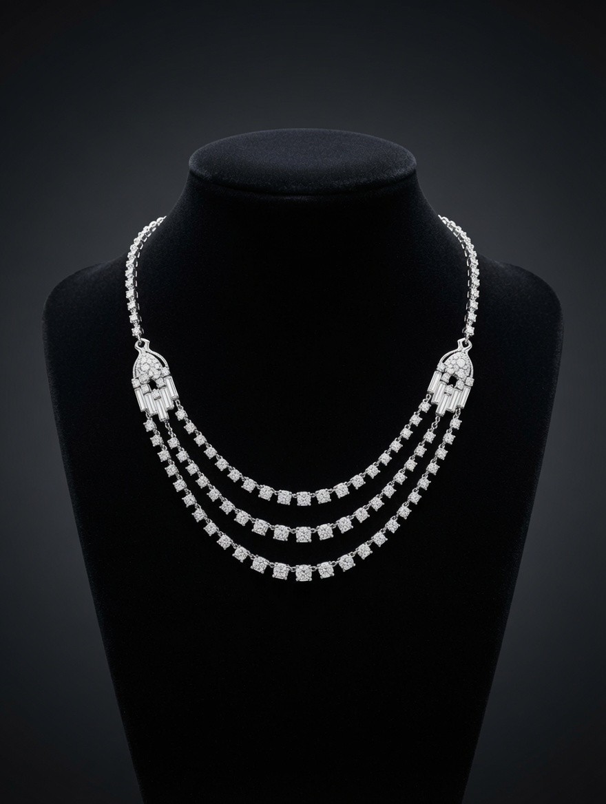 Vintage 925 Sterling Silver Art Deco Multi-Strand Crystal Rhinestone Necklace