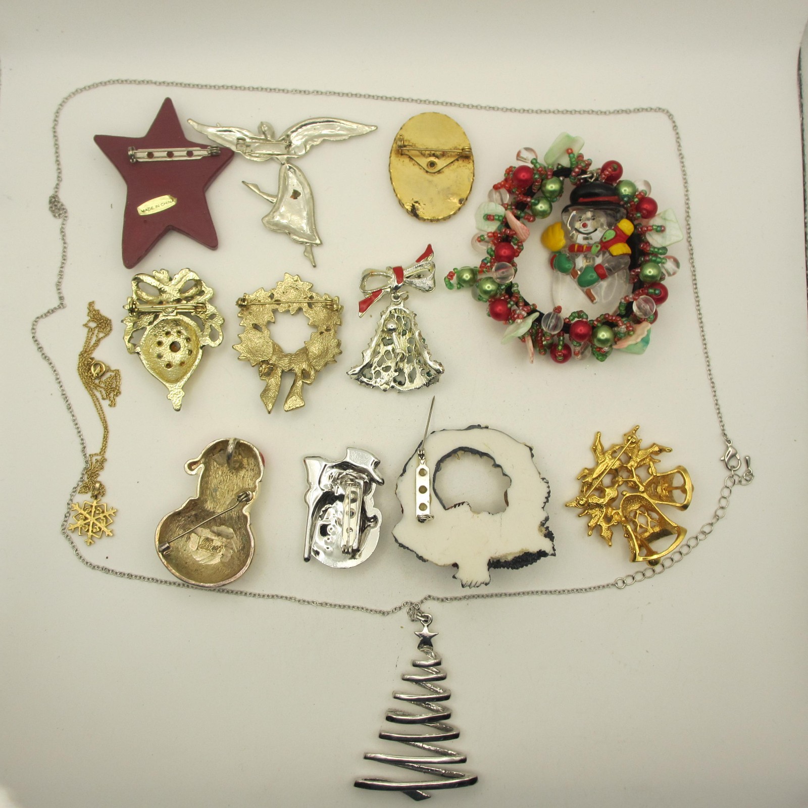 Vintage Christmas Jewelry Lot Angel Snowman Tree Wreath Ornament Star