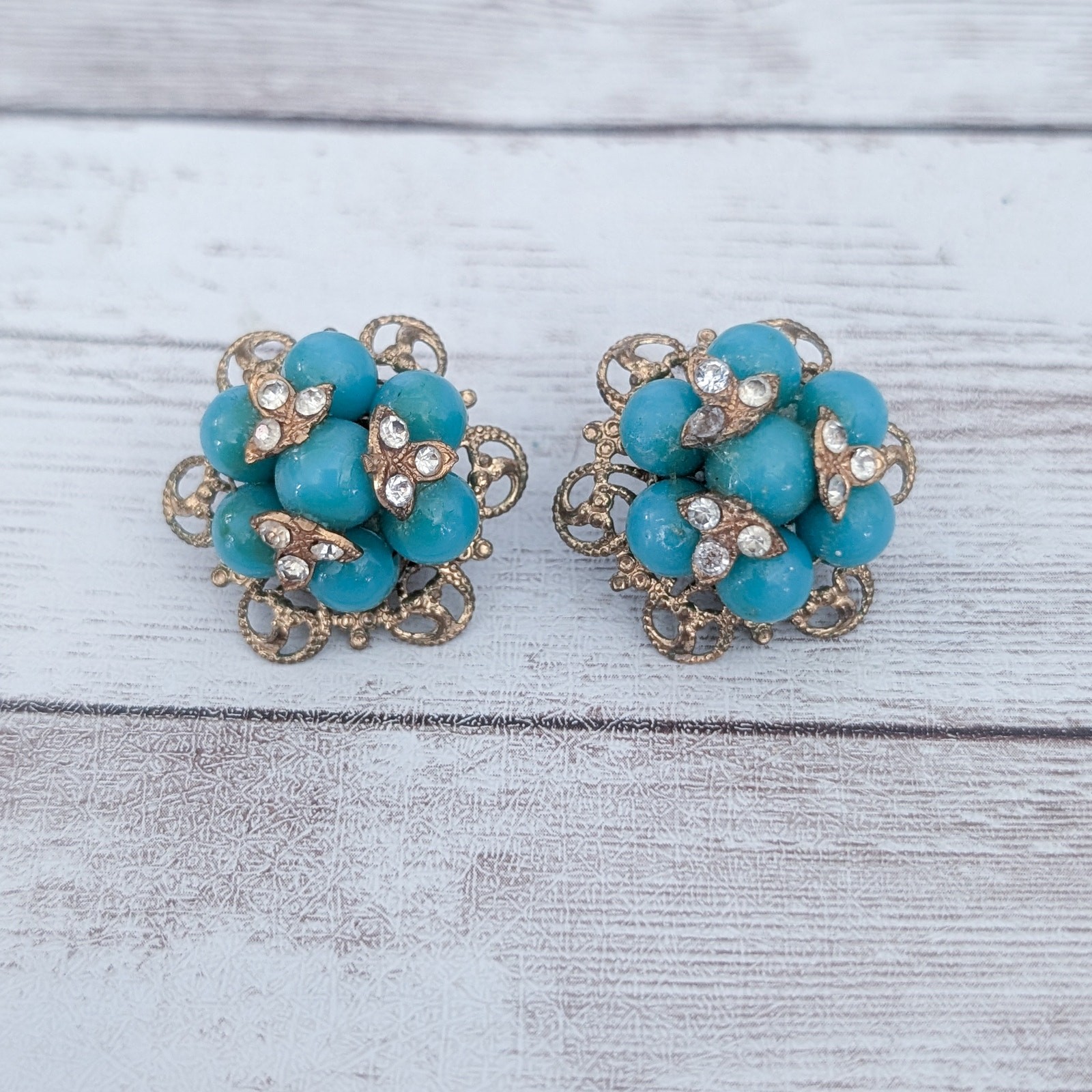 Vintage Clip On Earrings Turquoise Tone, Clear Gem – Clip Repair Needed