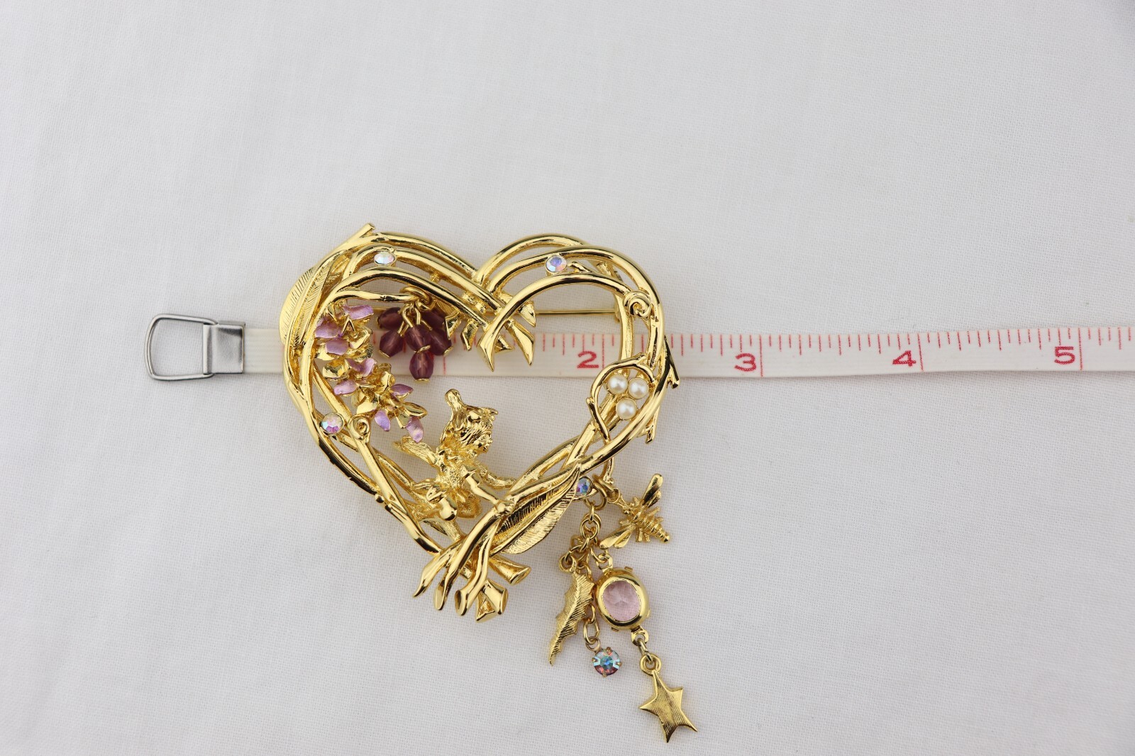 Vintage Kirks Folly Gold Tone Wisteria Heart Wood Fairy Rhinestone Pin Brooch