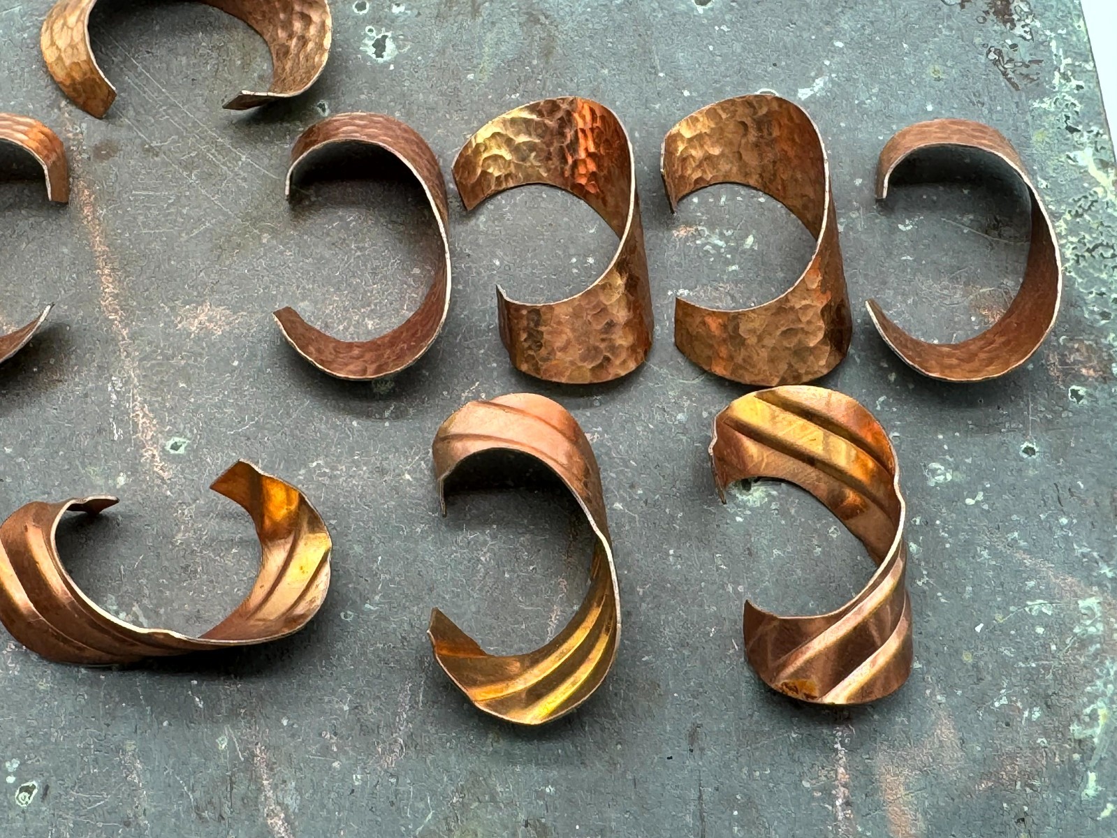 Vintage Brass Copper Finish Textured & Lined Curls Jewelry Stamping Lot of 14