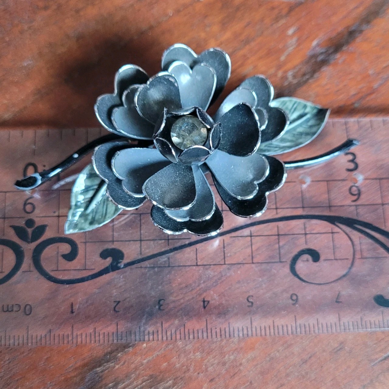 Coro Vintage Enamel Brooch Gothic Floral Pin Black & Silver Gray 1950s Botanical