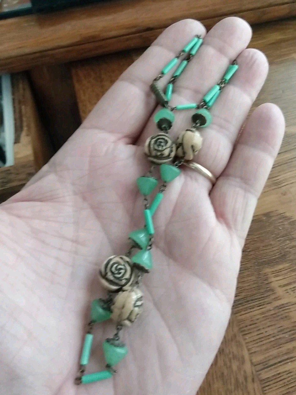 Antique Art Deco Czech Green And Tan Carved Glass Necklace 1920s