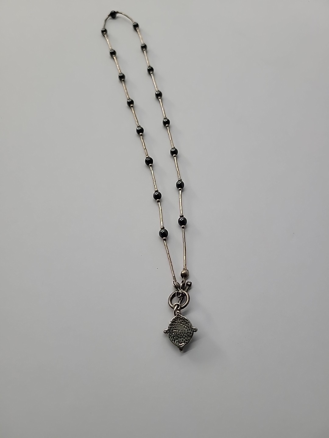 Vintage Silver Tone Hematite Pendant Necklace Bar Beaded Toggle Jewelry
