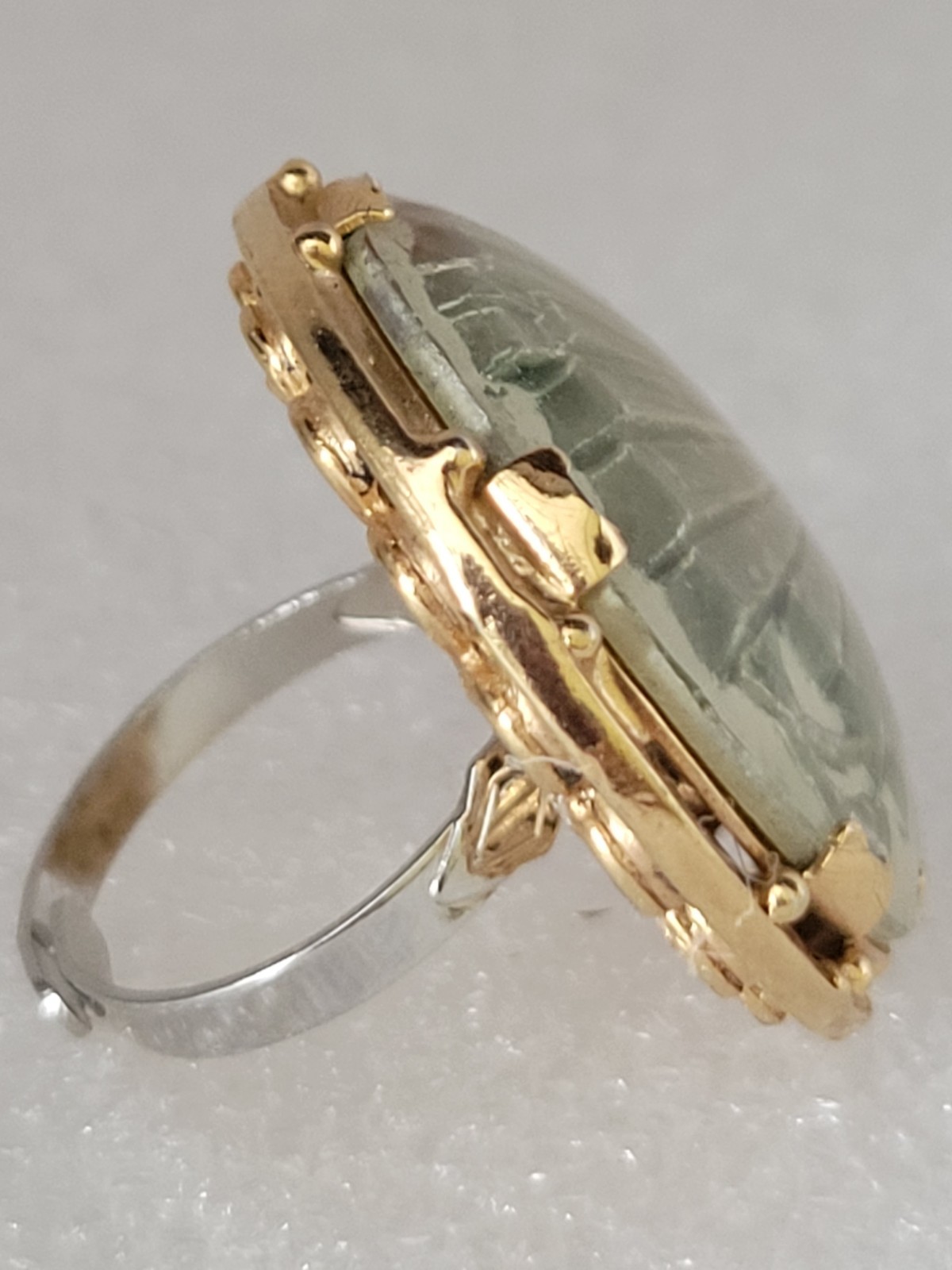 Victorian Bohemian Upcycled Carved Shell Fan Gold Tone Ring Statement Ring