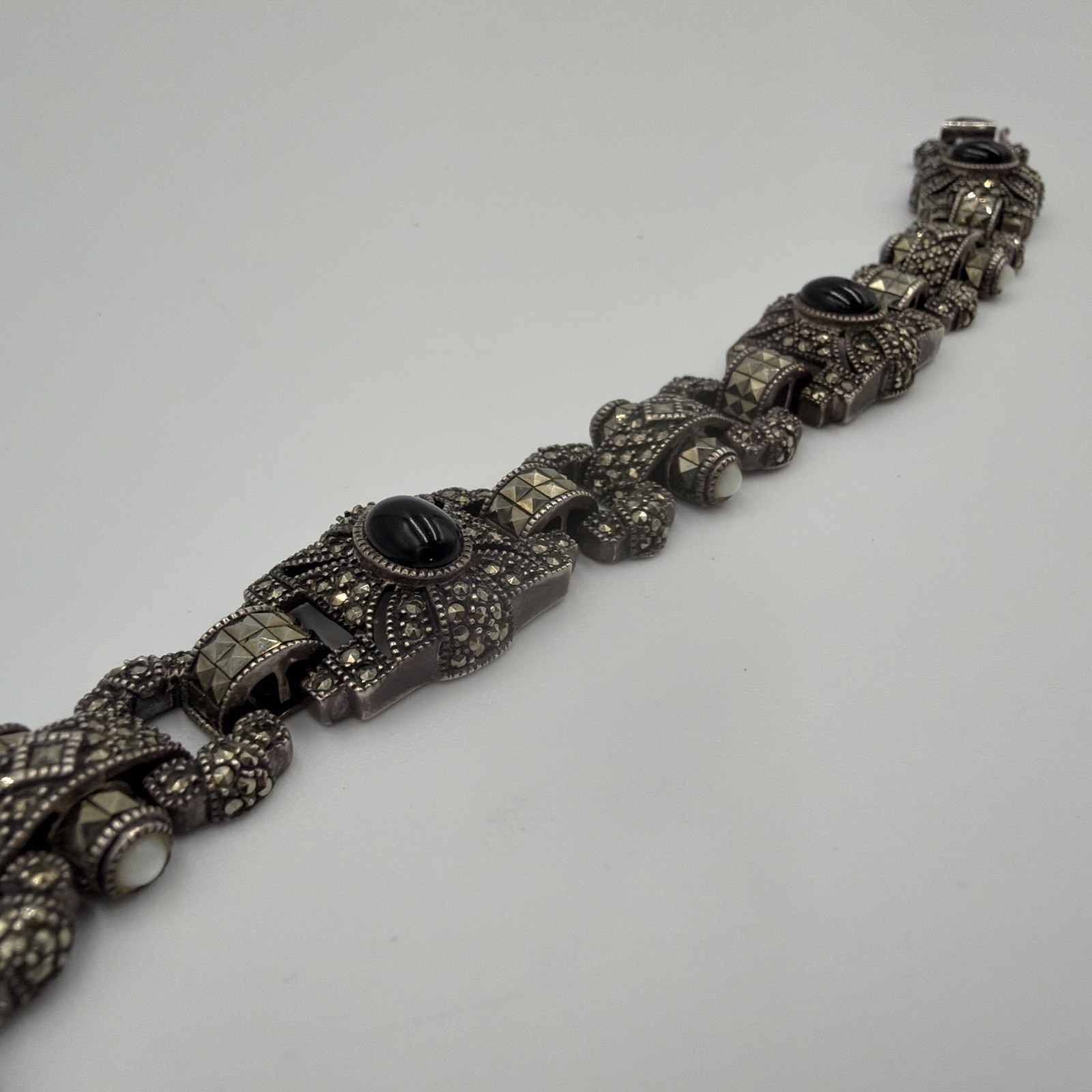 VTG Judith Jack Sterling Silver Marcasite Black Onyx Panel Bracelet 7.5″ 46g