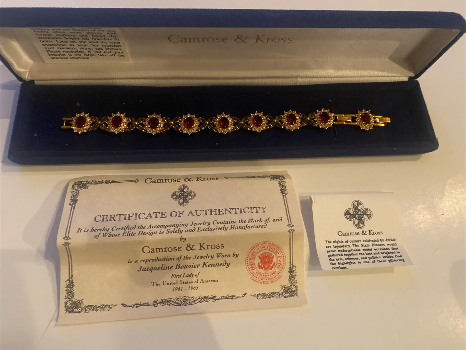 Camrose & Kross JBK Jacqueline Kennedy Ruby & Crystal Gold Cross Link Bracelet