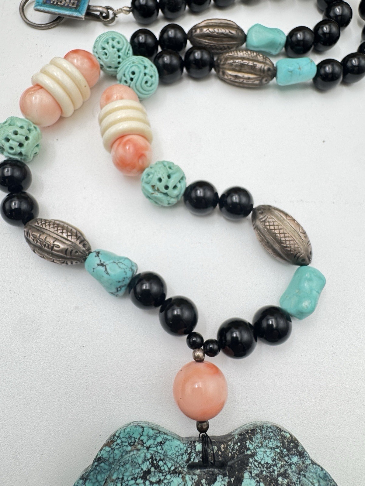 Large Chinese Longevity Pendant Necklace Coral Onyx Double Happiness 144g