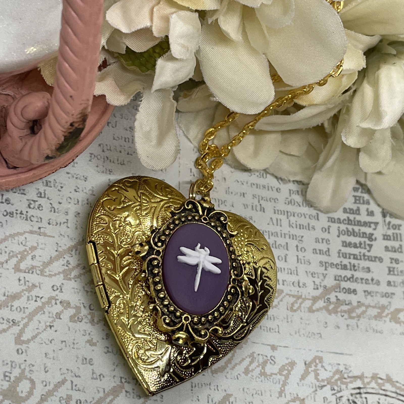 Gold Heart Locket Purple Birthday Anniversary Wedding Dragonfly Cameo Necklace