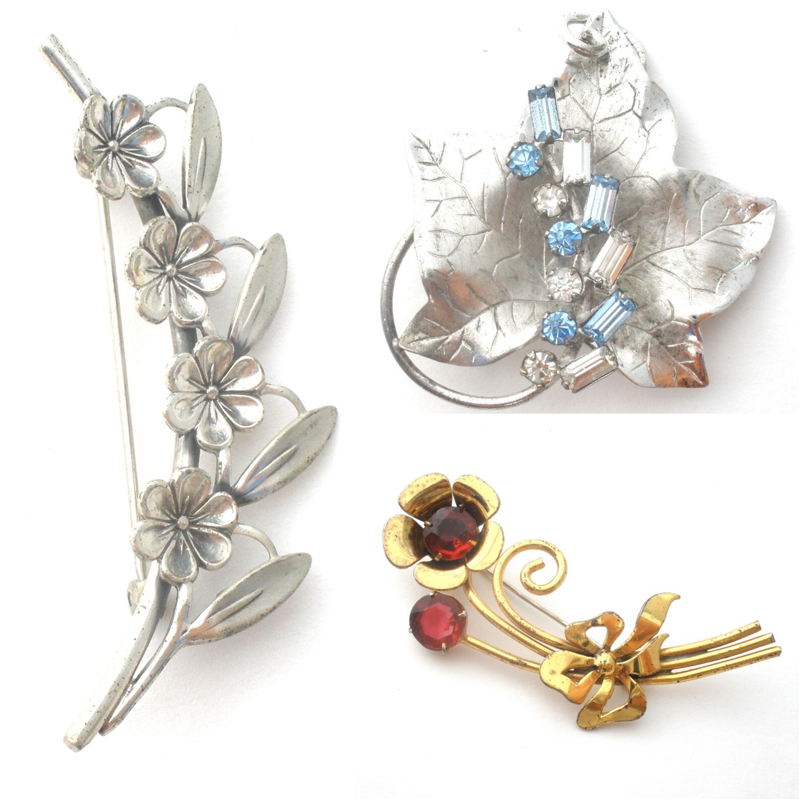 Sterling Silver Brooches Lot of 3 Flower Leaf Art Beau Rhinestone Vintage Pins