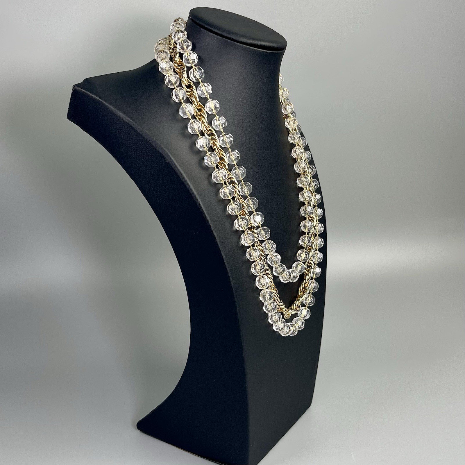 Sarah Coventry “Golden Ice” 3 Strand Clear Bead Gold Tone Necklace Signed 21”