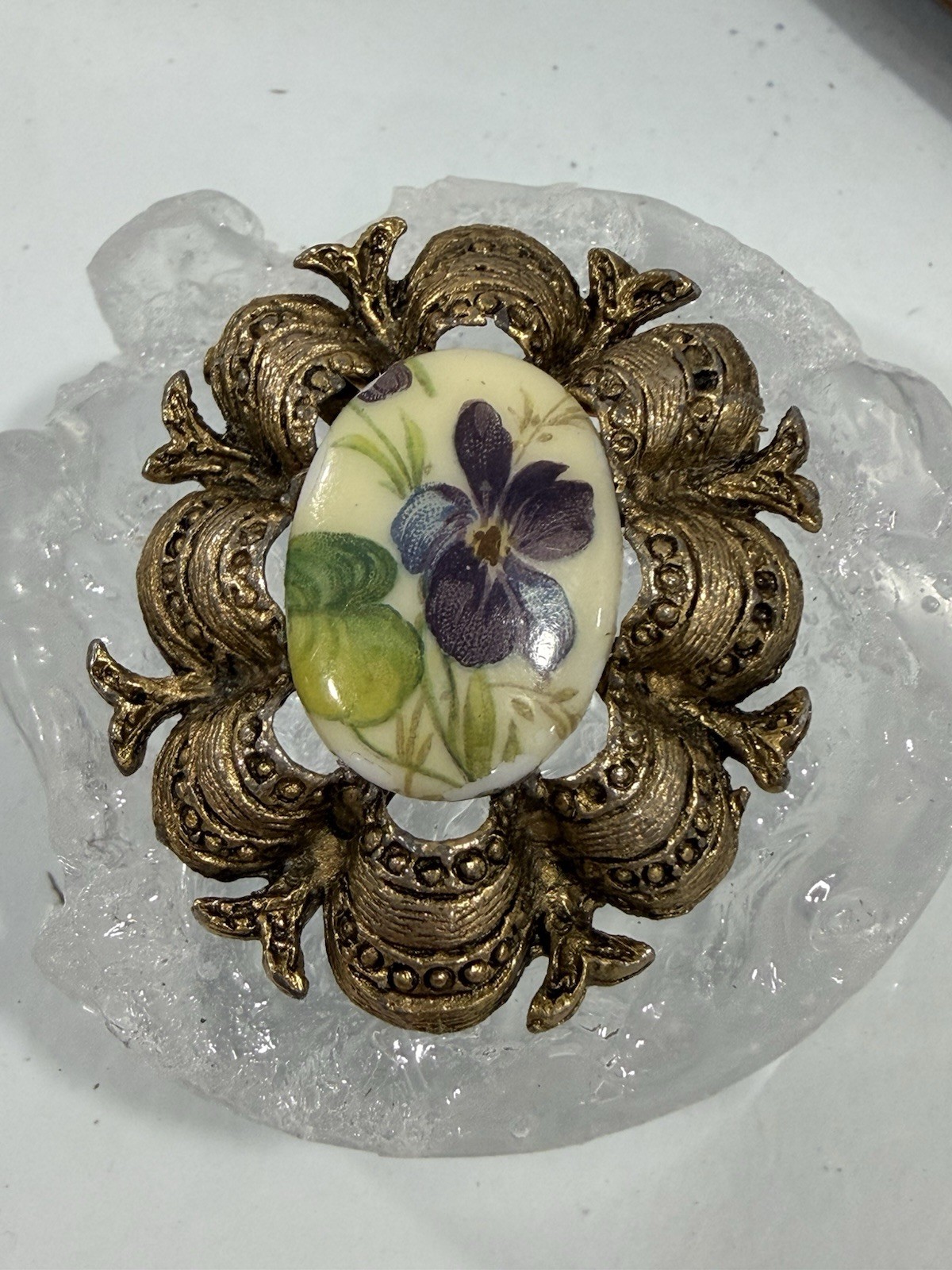 Vintage Victorian Revival Floral Porcelain Purple Violets Cameo Style Brooch