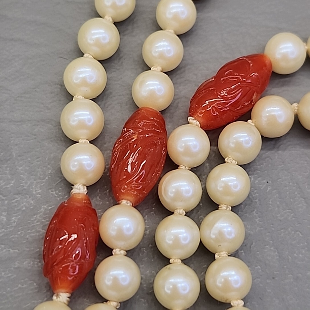 Vtg Bead Necklace Earrings Faux Pearls Layered Peach Art Glass Hong Kong 31″