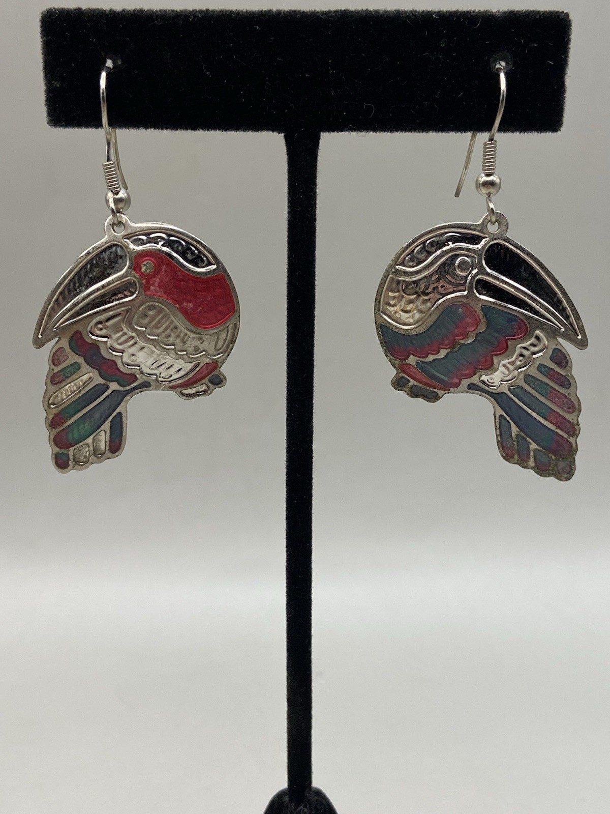 Vtg Edgar Berebi Silvertone Blue Green Enameled Toucan Dangle Pierced Earrings
