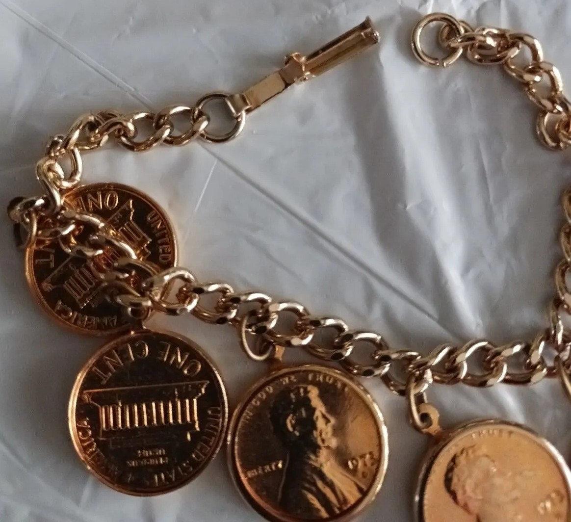 Goldtone Penny Coin Charm Bracelet 1973 Anniversary BIrthday Gift 6 Pennies