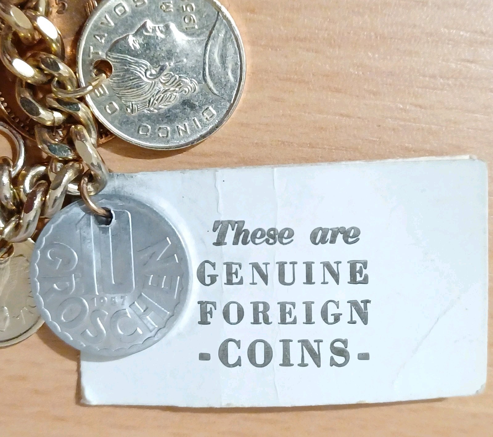 Vintage 14 Coin Bracelet Coins From Around The World 7”