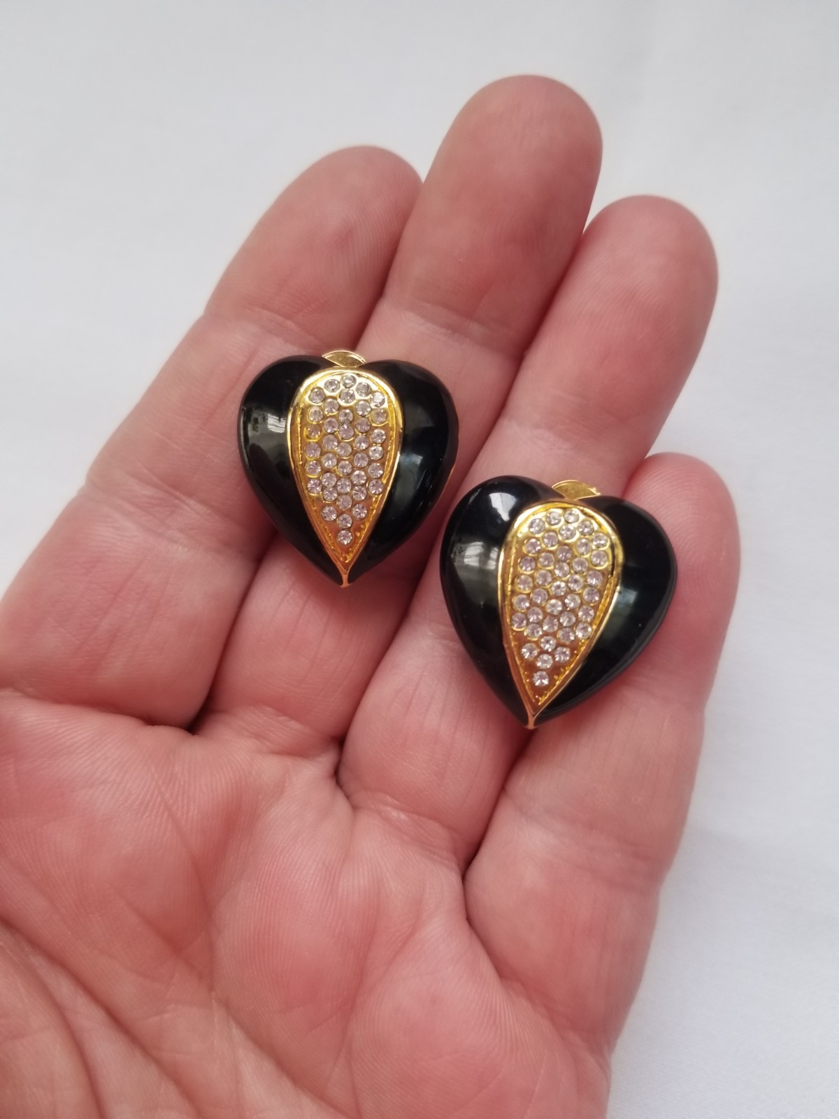 Vintage Black Enamel Heart Clip On Earrings with Pave Crystals Center Goldtone