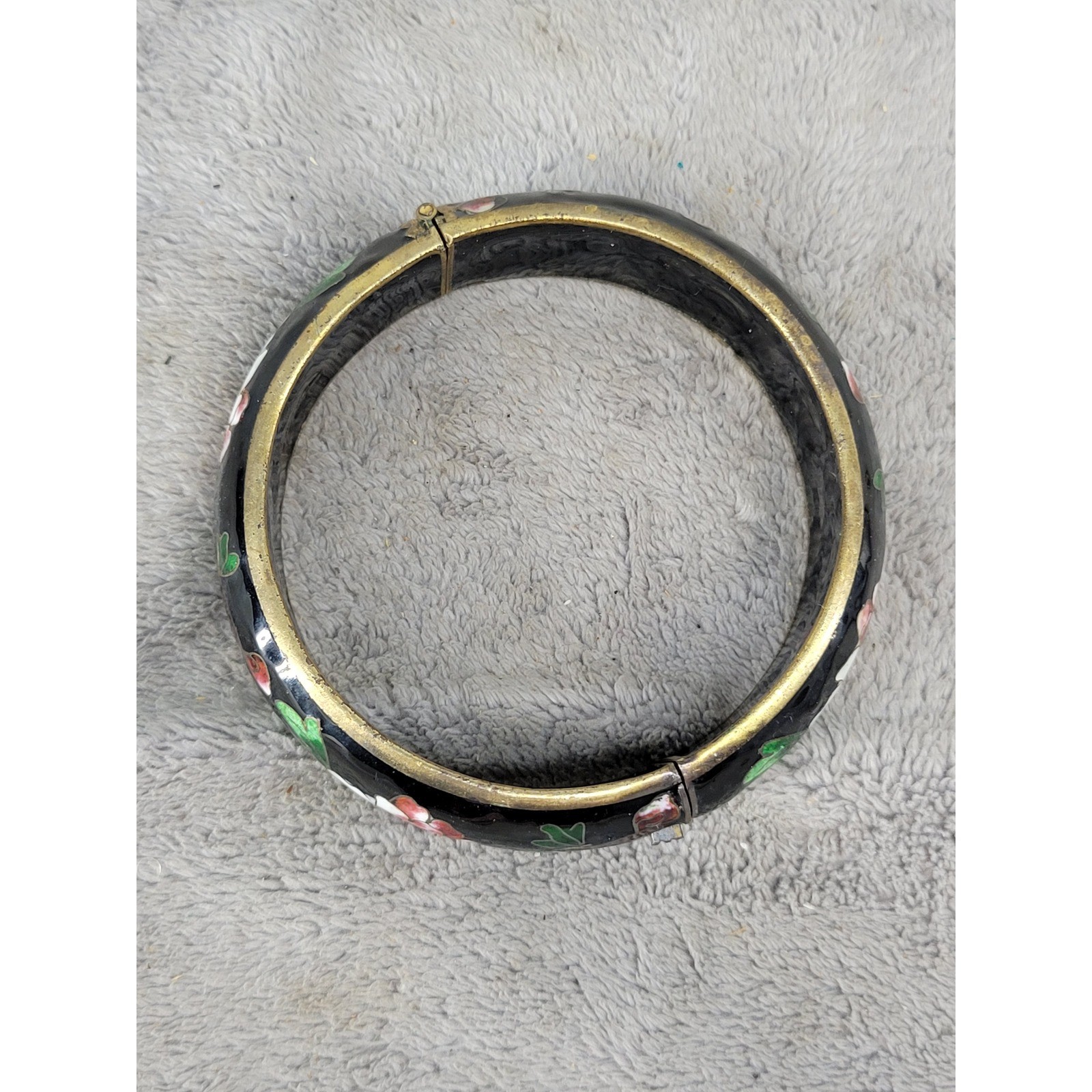 Vintage Cloisonne Enamel Floral Bangle Bracelet Black Gold Hinged Box Clasp 2.25