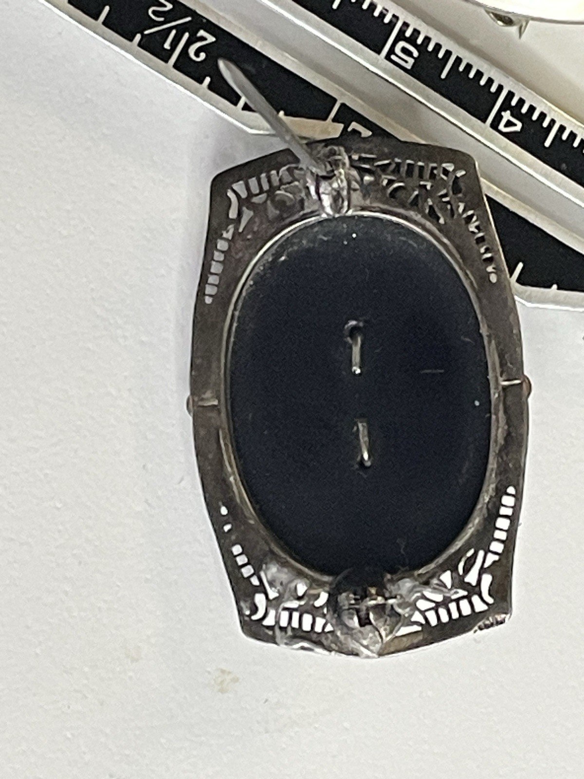 Victorian Revival Art Deco Mourning Brooch Sterling Silver Onyx glass Crystals