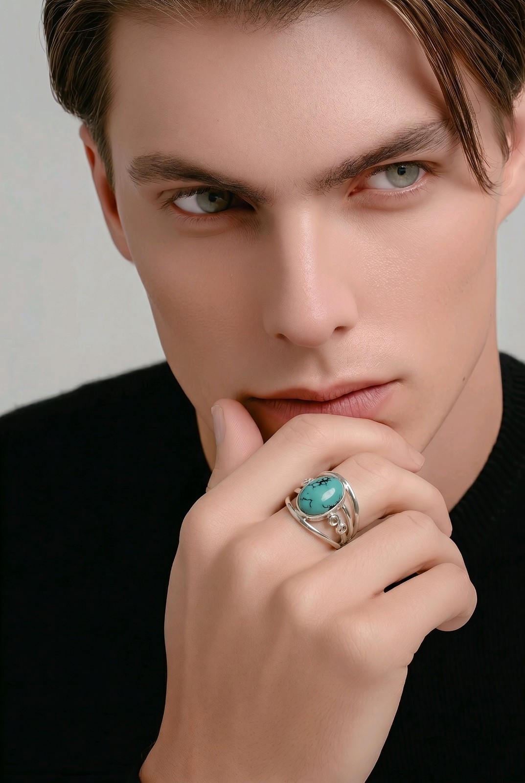 Turquoise Ring Sterling Silver Boho Oval Gemstone Multi Band Bypass 925