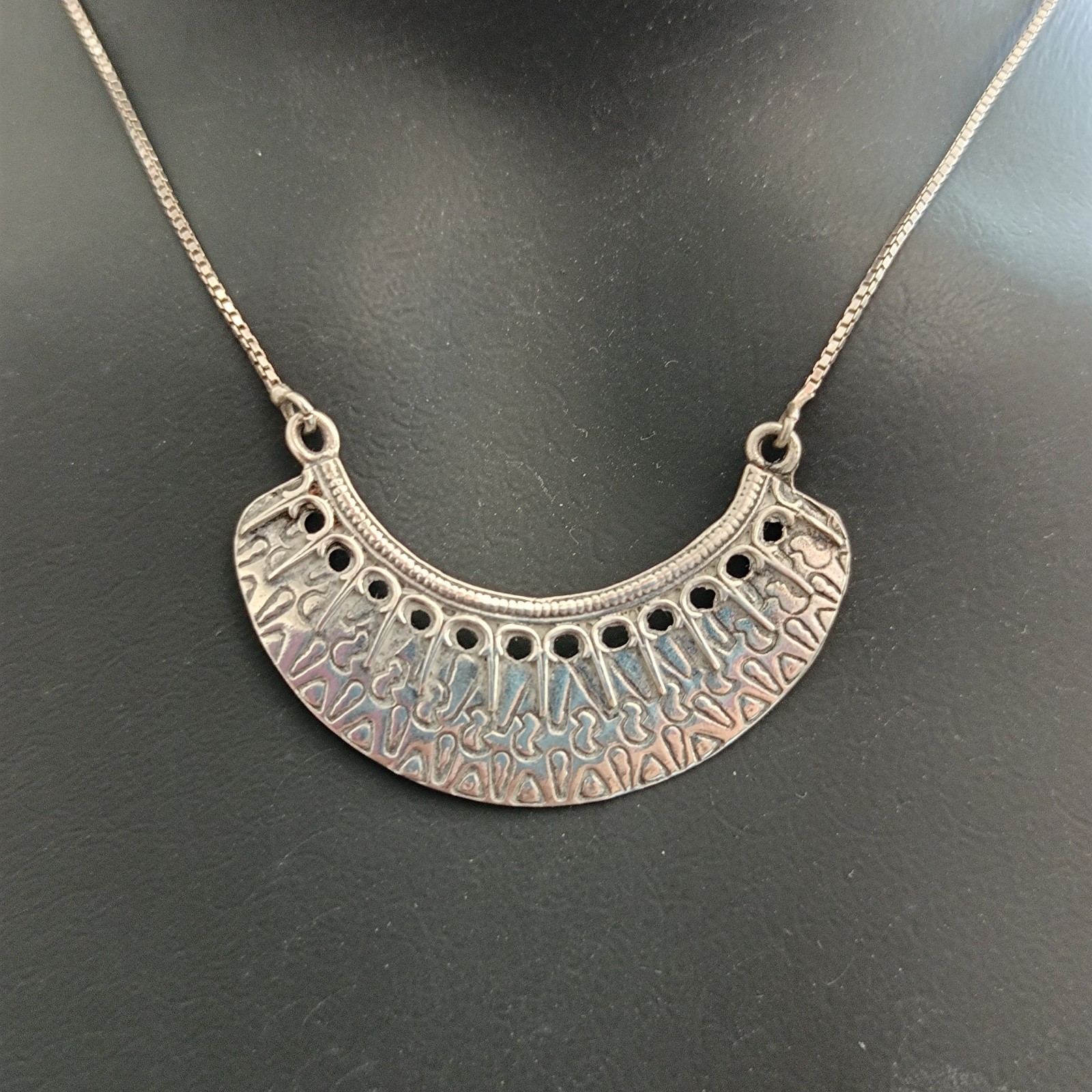 Vintage Sterling Silver Moon Crescent Necklace Ethnic Folk Inspired Engraved Bib