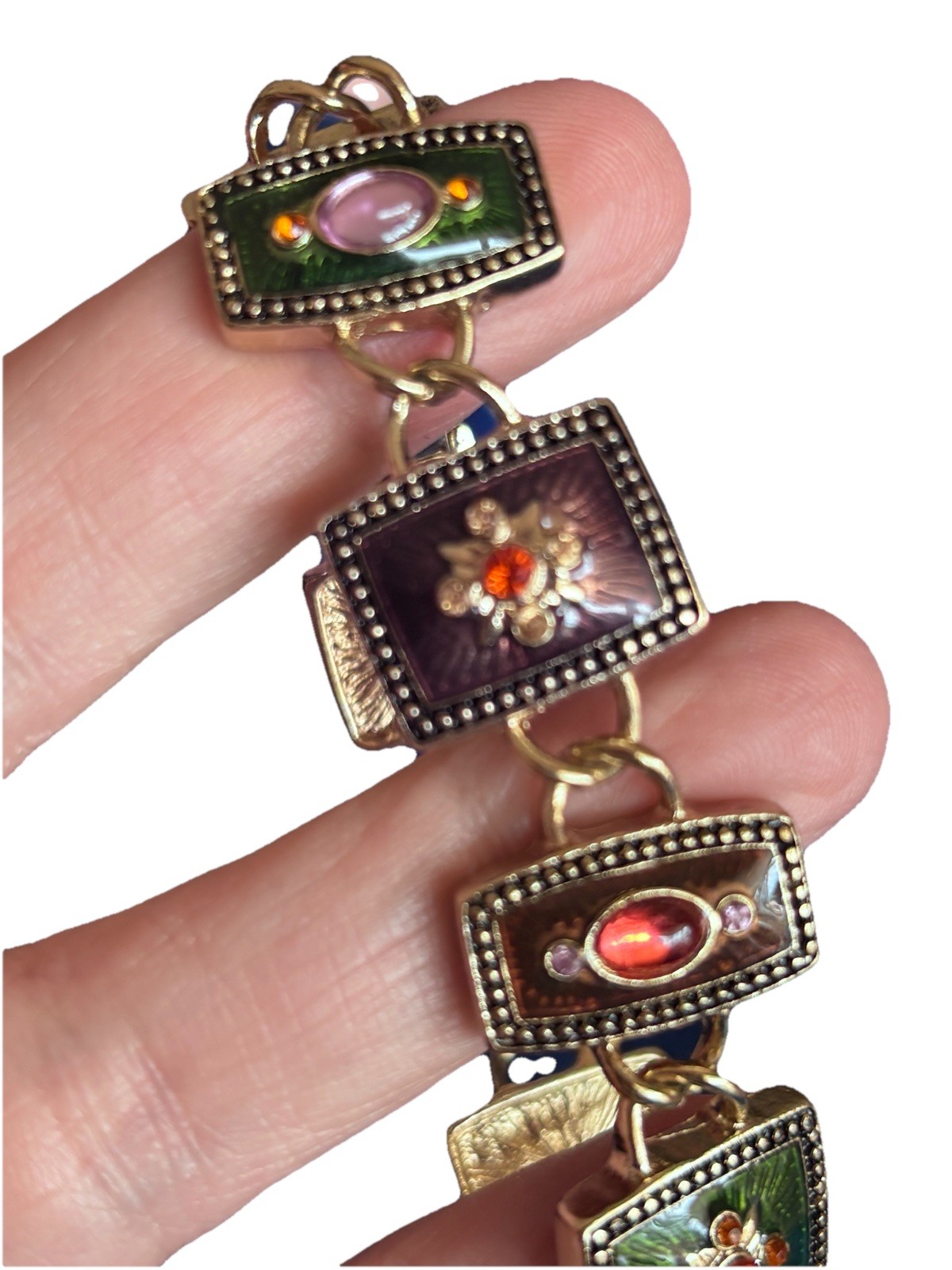 Napier enamel rectangular panel bracelet black base colored cabachons stones