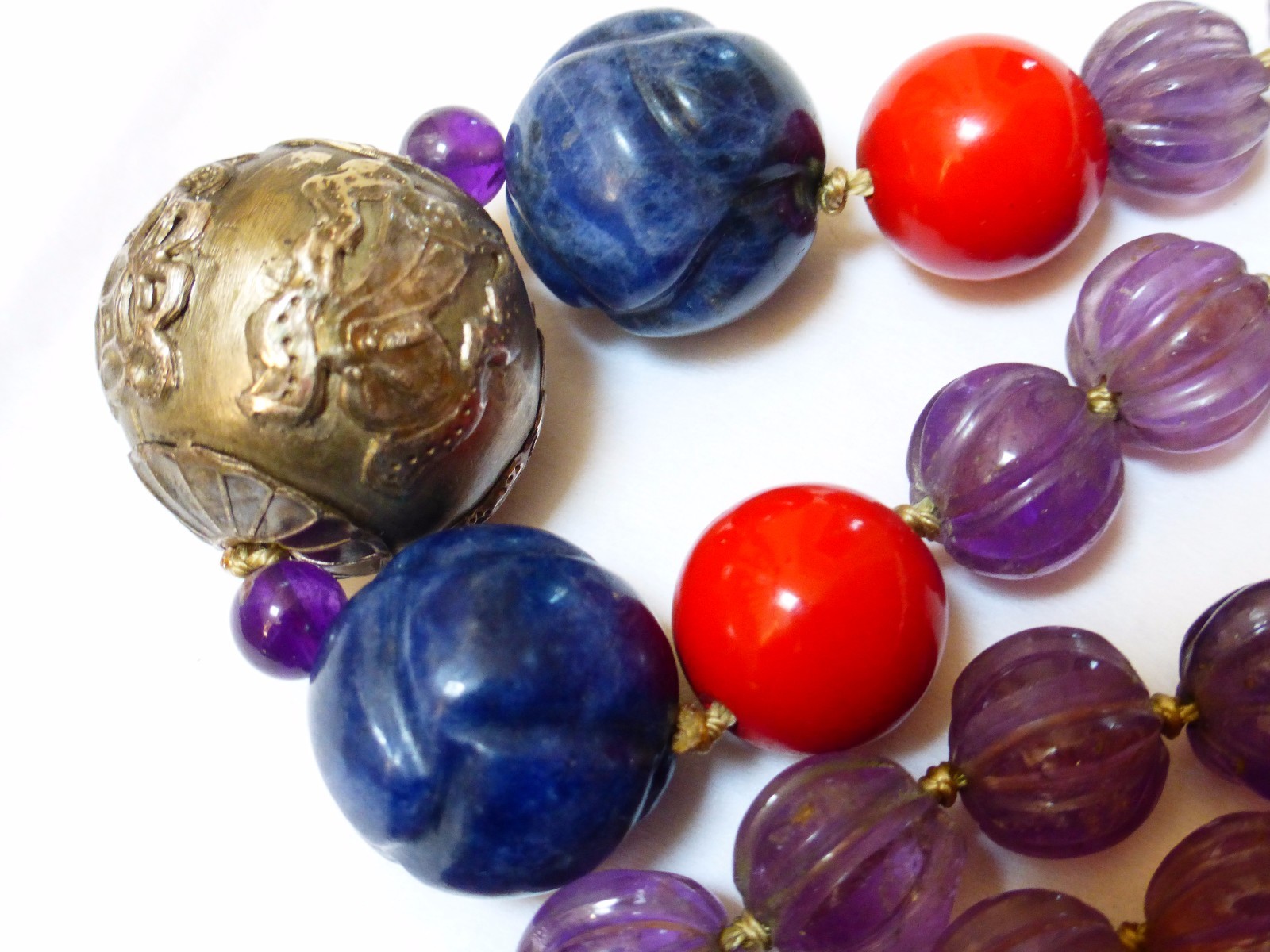 Vintage Carved Amethyst, Lapis, Laquer Beads Necklace, Sterling Bead, Clasp