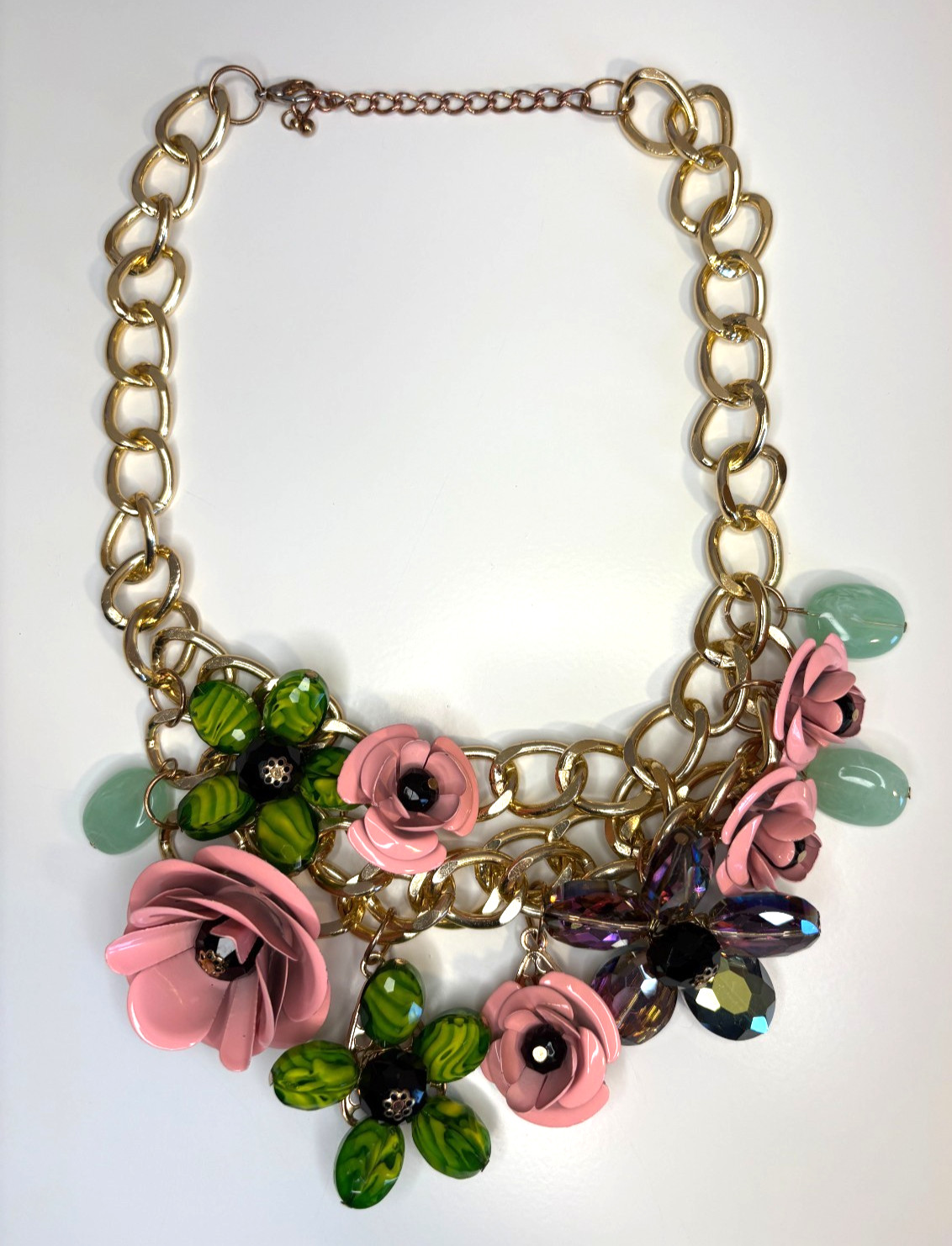 Unique Spring Statement Pink, Green, Purple Flowers Metal & Resin Necklace