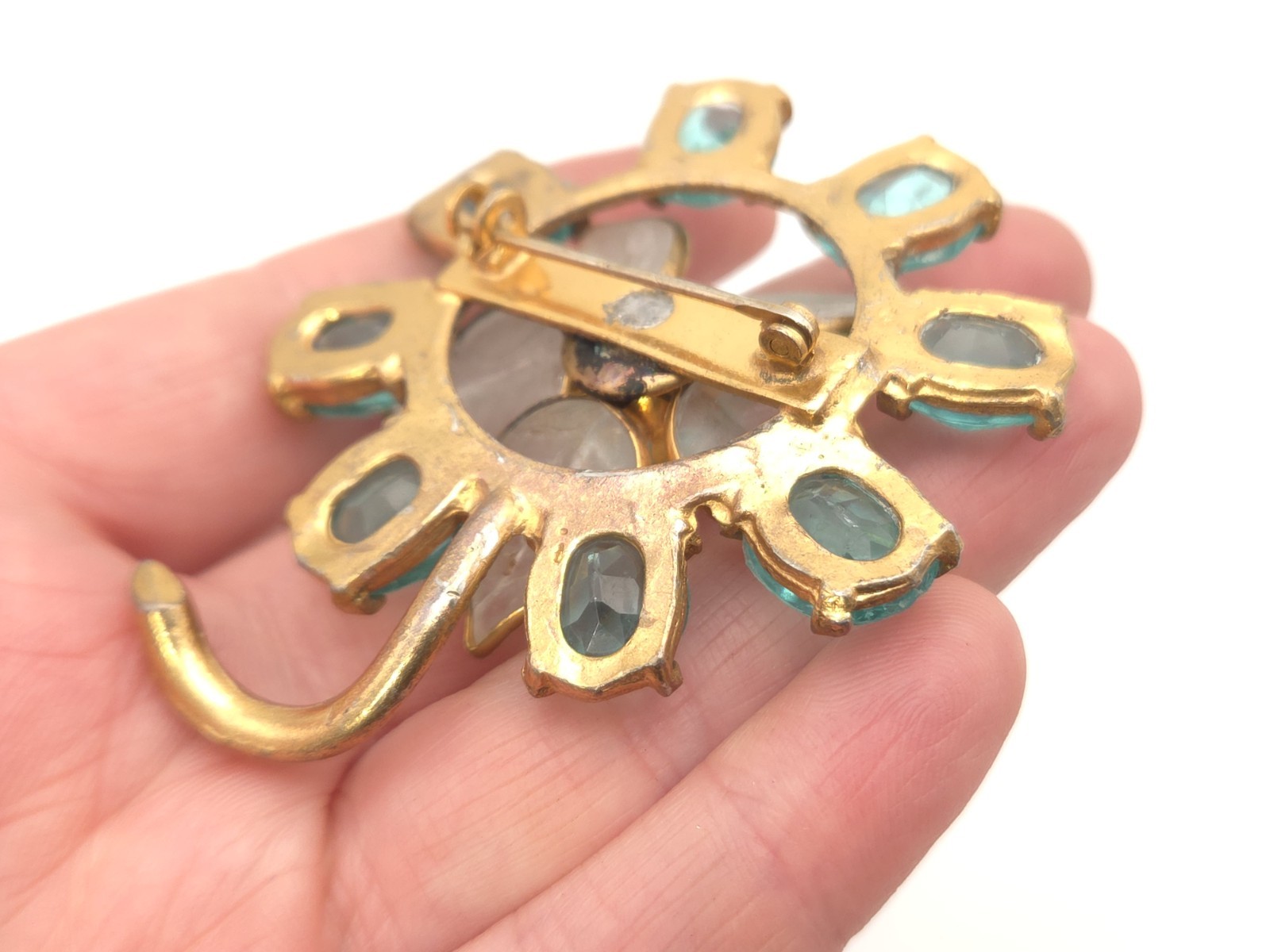 Vintage Art Deco Gold Gilt Aquamarine Blue Glass Paste Stone Flower Brooch Pin