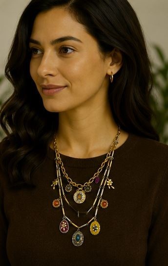 Zara Boho Statement Necklace Mixed Metal Charm Floral Southwest Bib Tribal NEW
