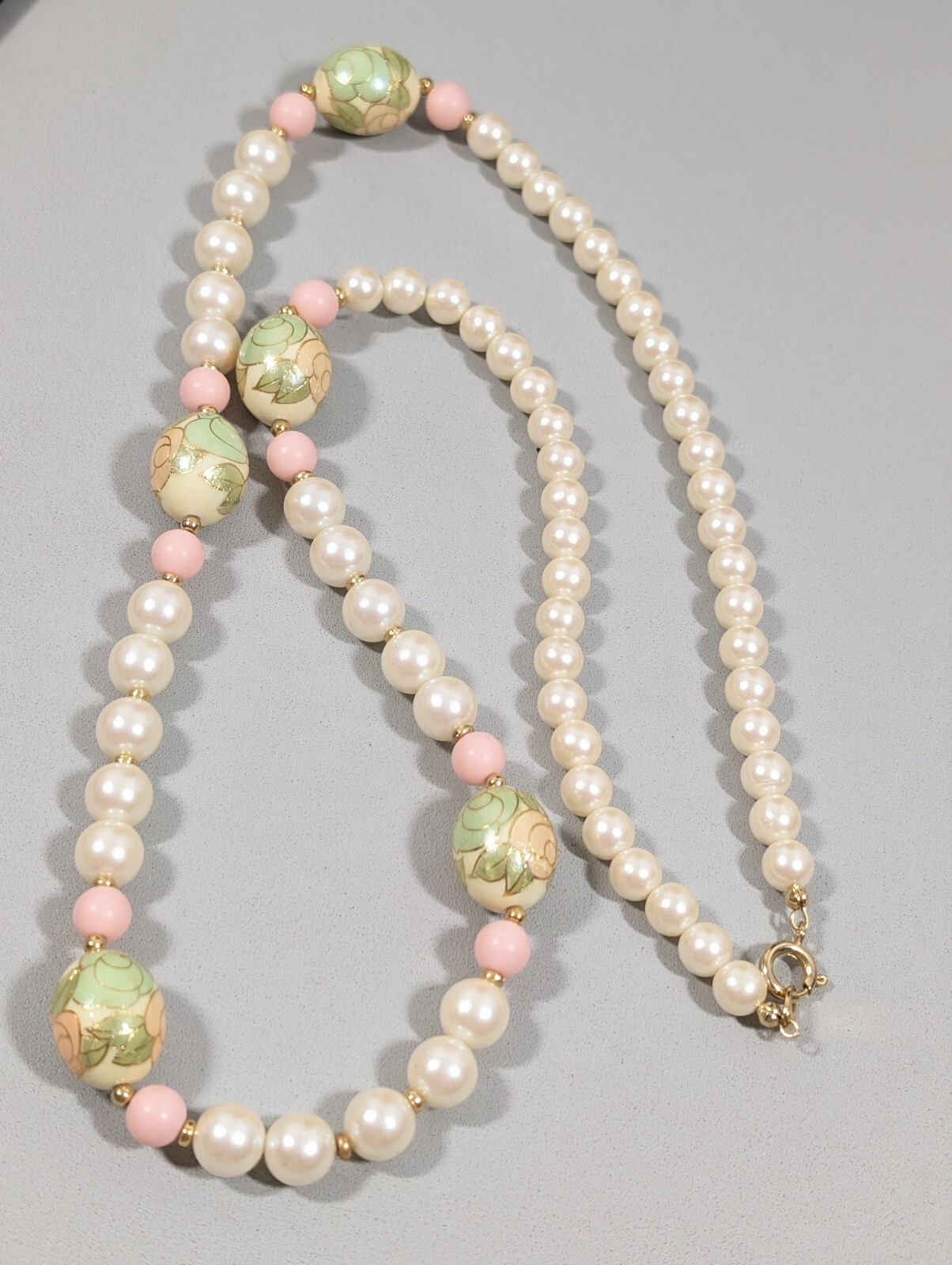 Vintage Peach Green Rose Flower Faux Pearl Beaded Necklace 30 in