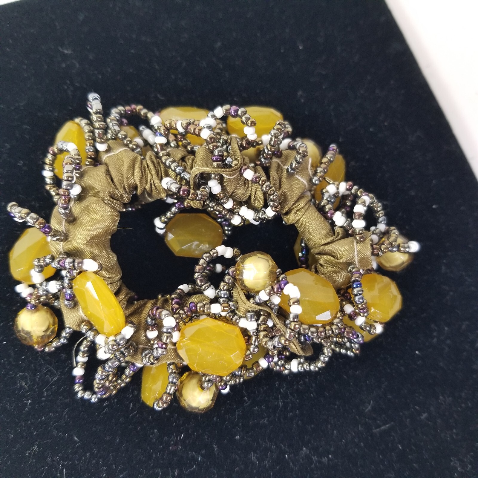 Vintage Gold Tone Seed Beads Green Yellow Bracelet Or Pony Tail Scrunchie