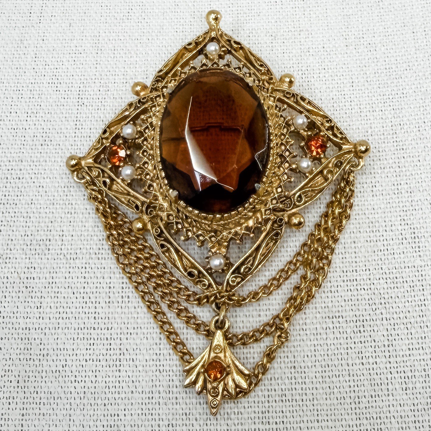 Vintage Florenza Victorian Shield Brooch & Earrings Set Gold Amber Pearl Glass