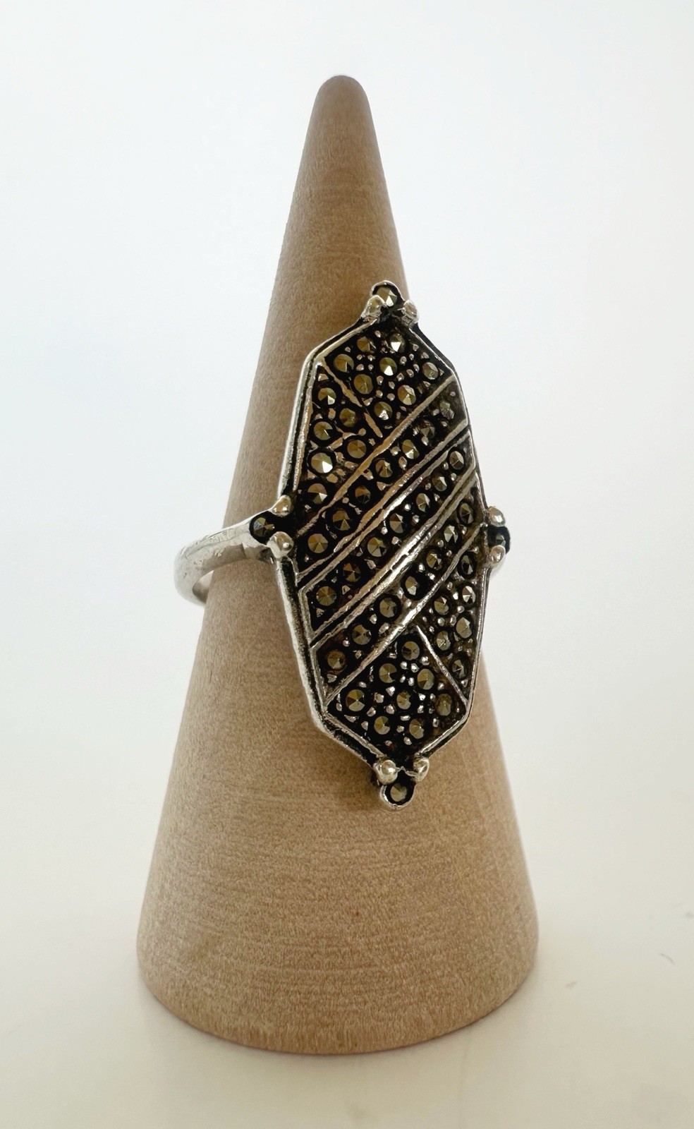 Vintage 925 Silver Art Deco Pavé Marcasite Navette Cocktail Ring Size 5.5