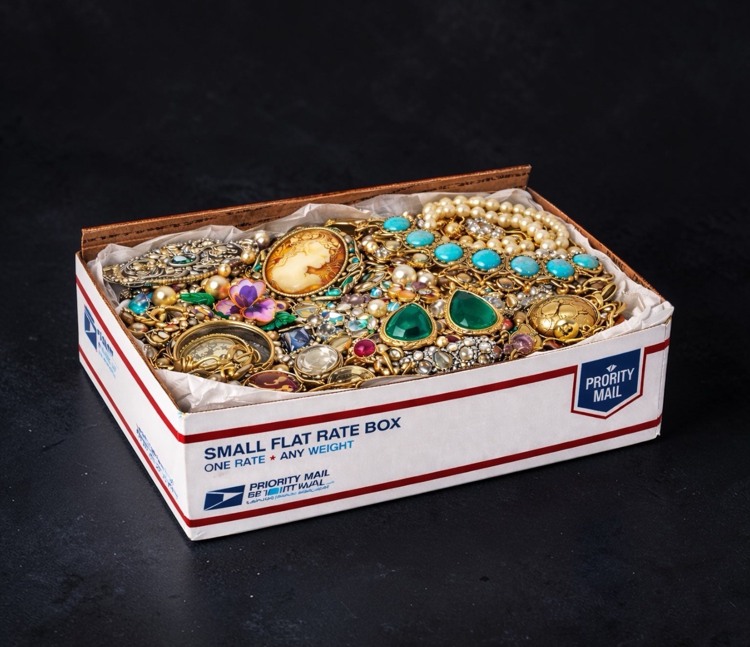 Vintage & Mod Jewelry Lot SM FLAT RATE BOX FULL Earrings Necklaces + Signed