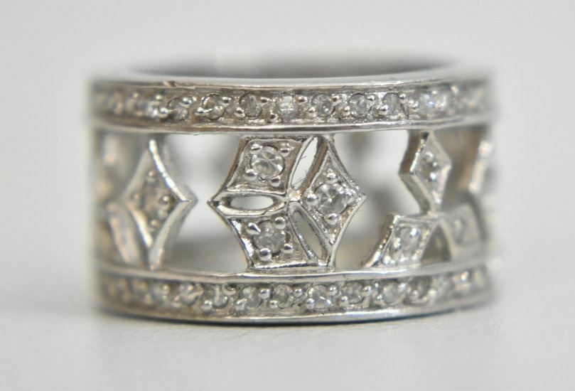 Crystal ring or wide band boho cocktail pinky sterling silver Size 5.50