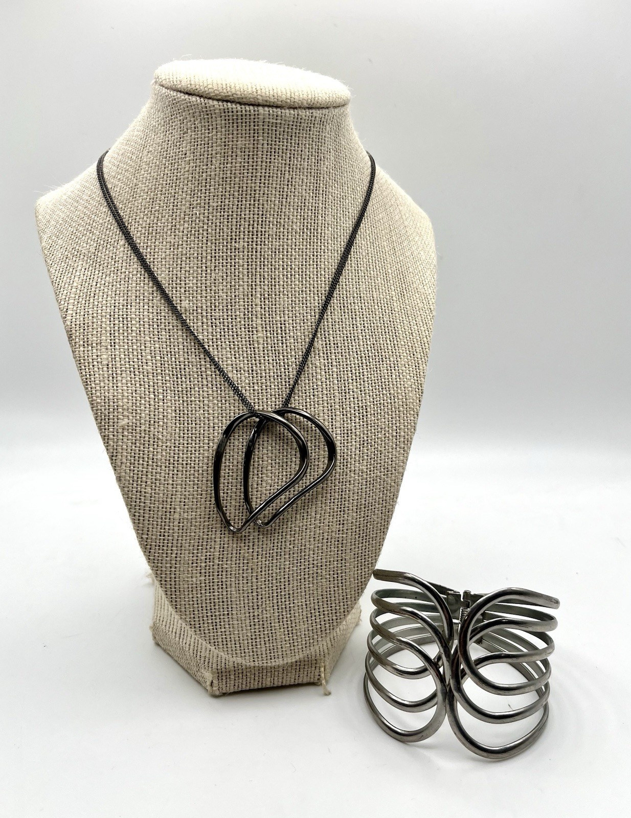 Modernist Gunmetal Abstract Loop Pendant Necklace & Statement Cuff Bracelet Set