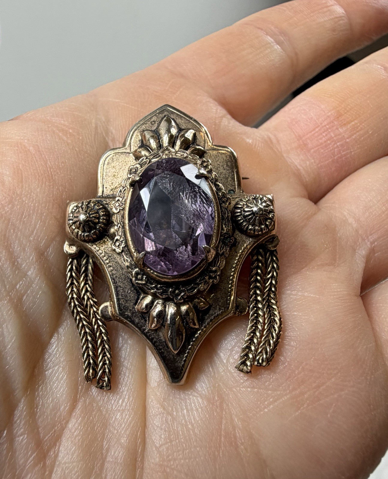 Vtg Victorian Revival Brooch Purple Stone Gold Tone Dangling Chain Side Tassels