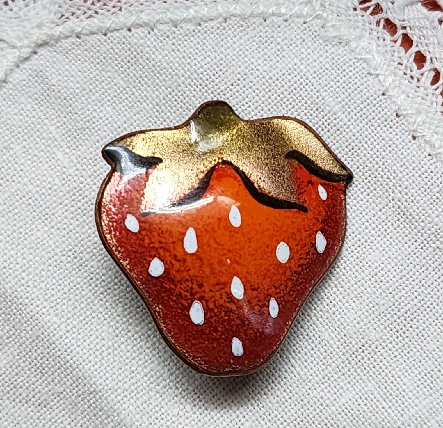 MCM Red Strawberry Enamel Copper Pin Brooch Signed Nanci RARE