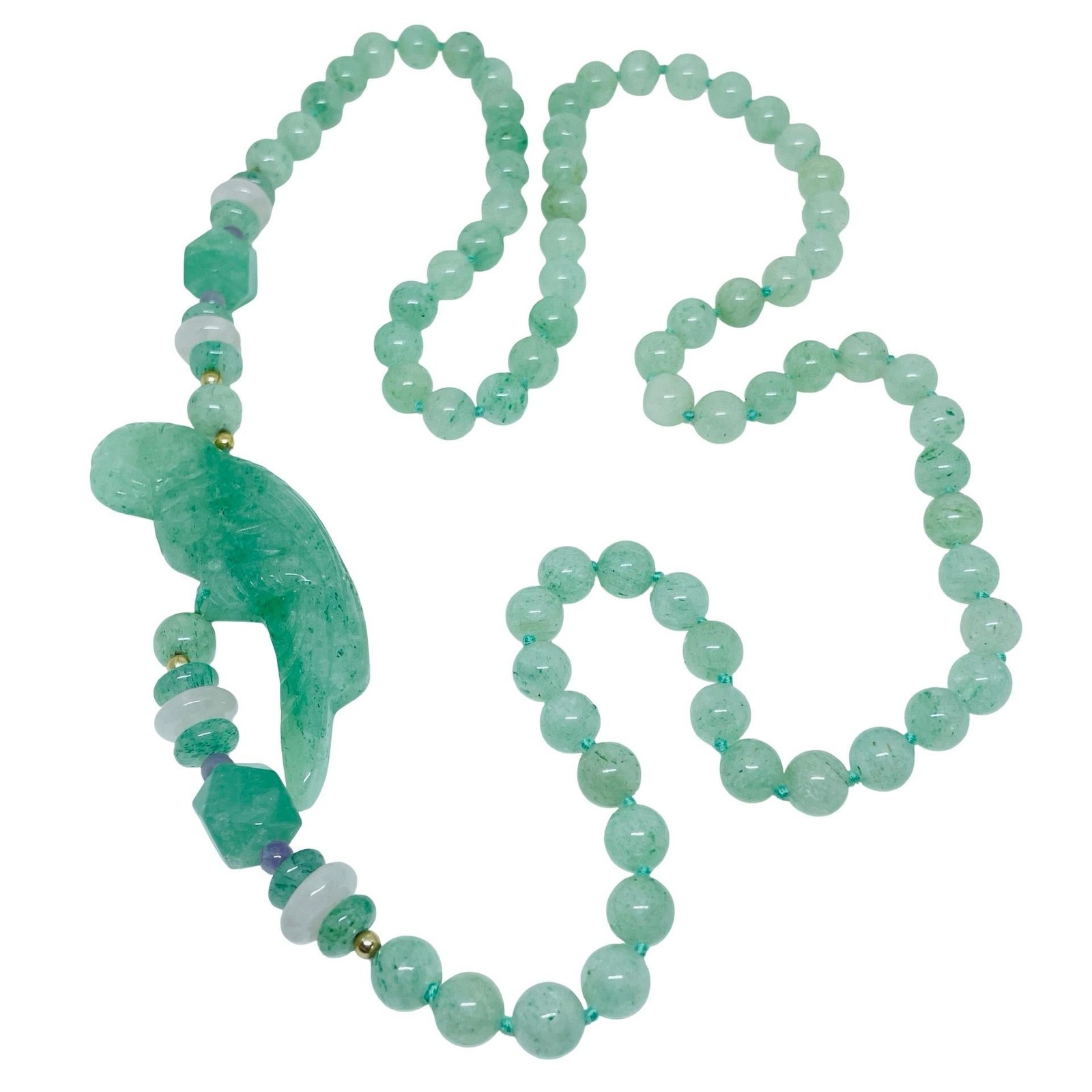 Vintage green jade pink quartz amethyst carved parrot bird beaded long necklace