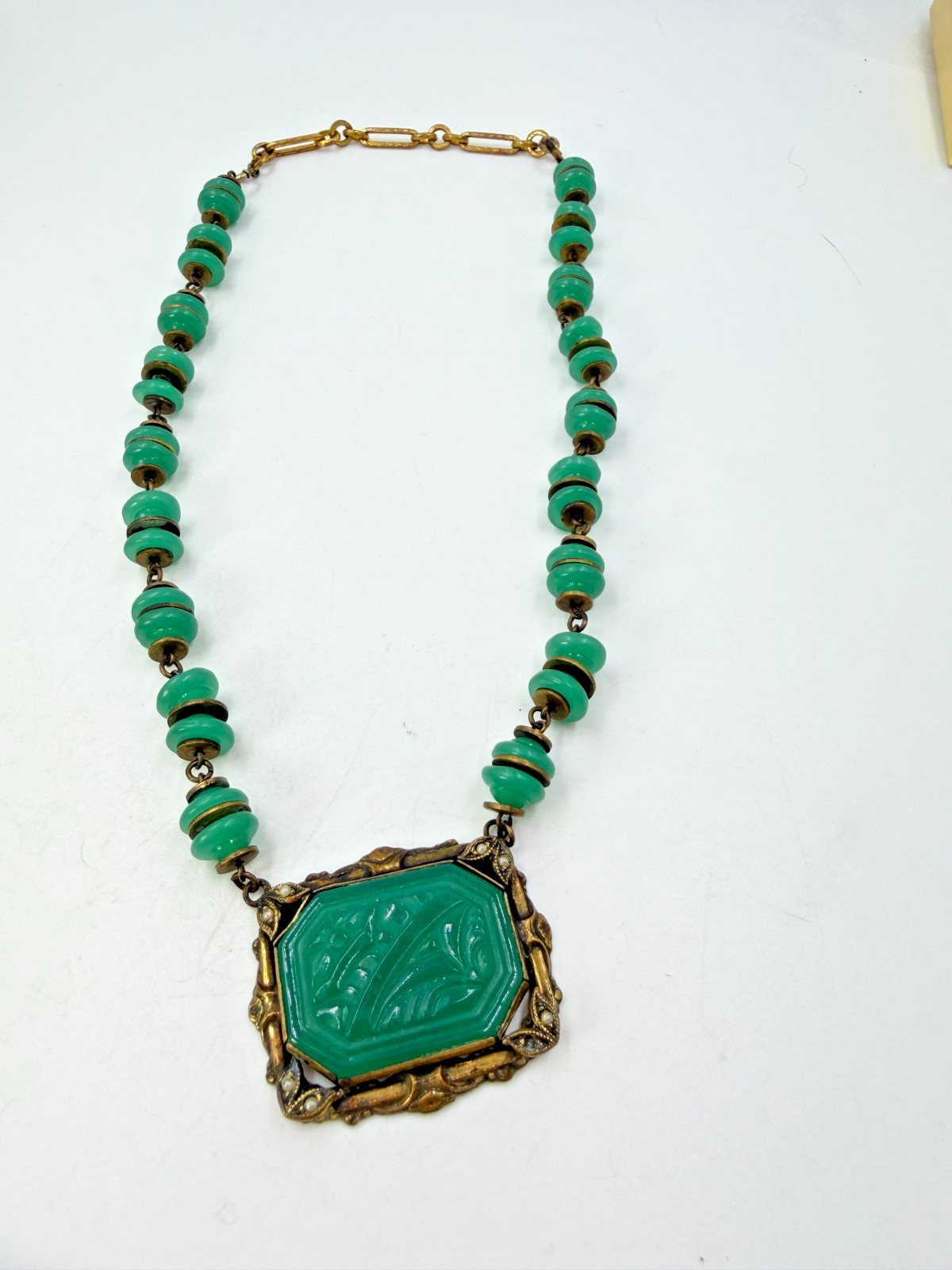 Vintage Necklace Art Deco Green Art Glass Pressed Asian Pendant PJ