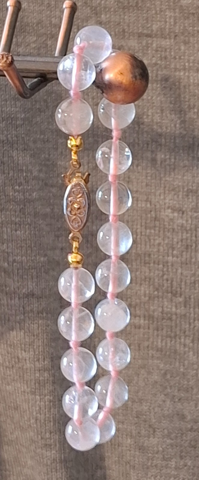 Vintage Jewelry Hand Knotted Rose Quartz Round Beads Bracelet Fishhook Clasp