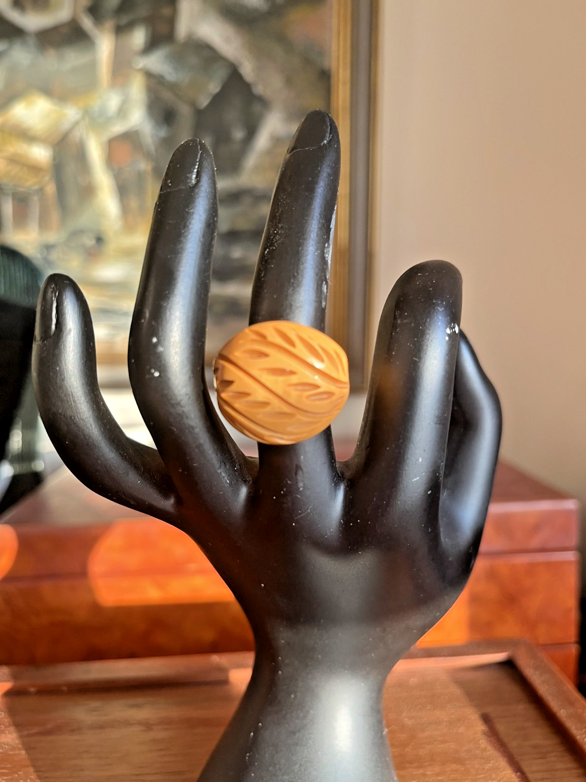 VTG Art Deco Dome Ring Bakelite Carved Butterscotch 6.5-7 Yellow HTF Collectible