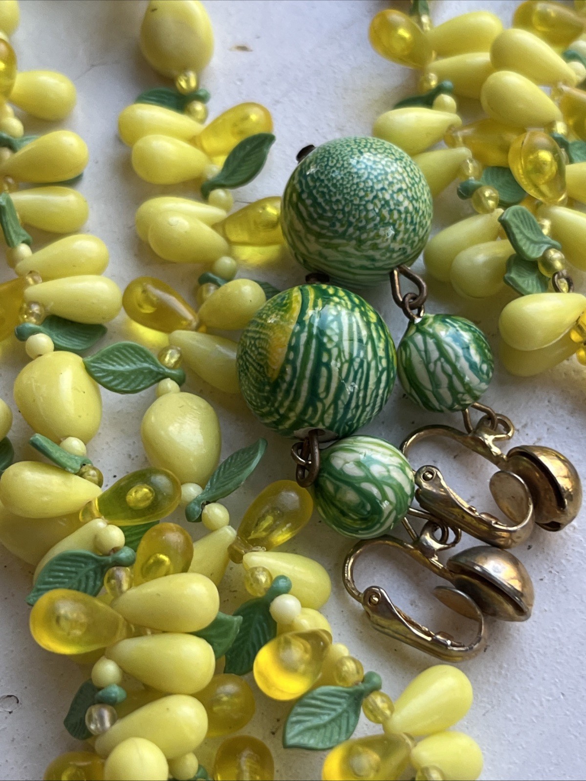 Vintage 2 Strand Tutti Fruity Lemon Necklace Czech Dangle Drop Clip Earrings Set