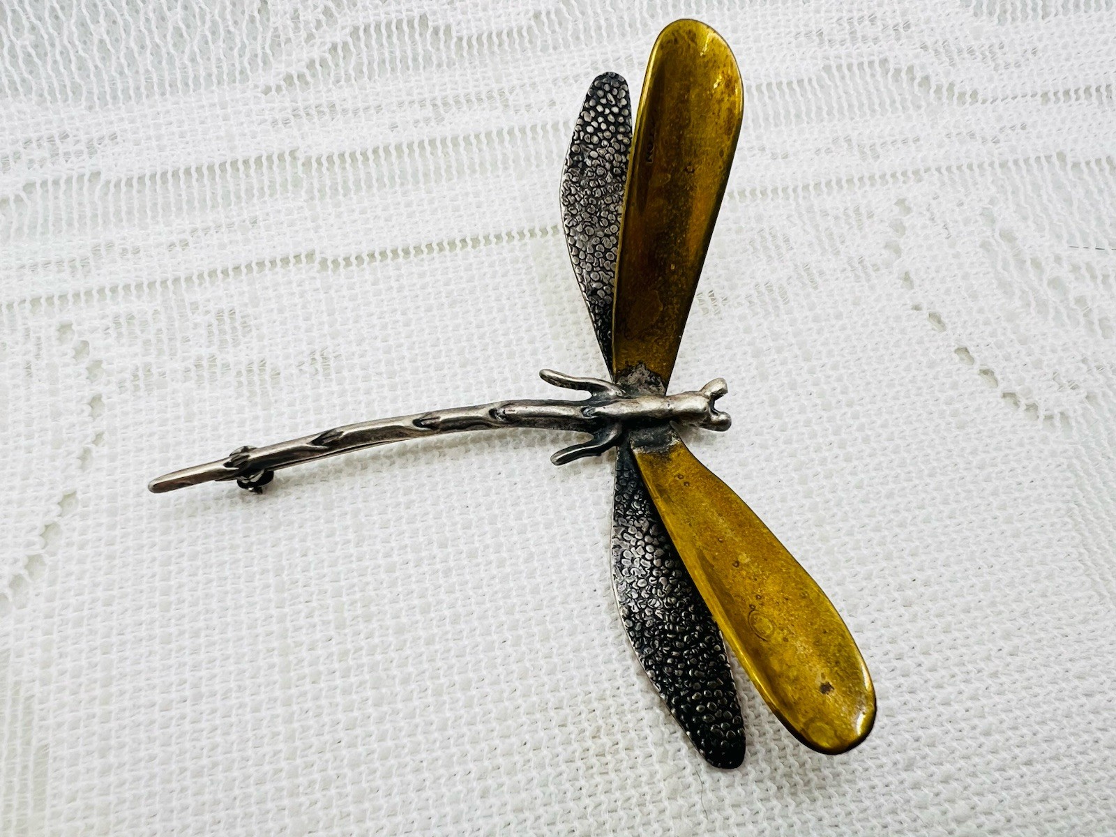 Vintage Mexican 950 Silver Brass Dragonfly Brooch Signed FARRO Mixed Metal LATON