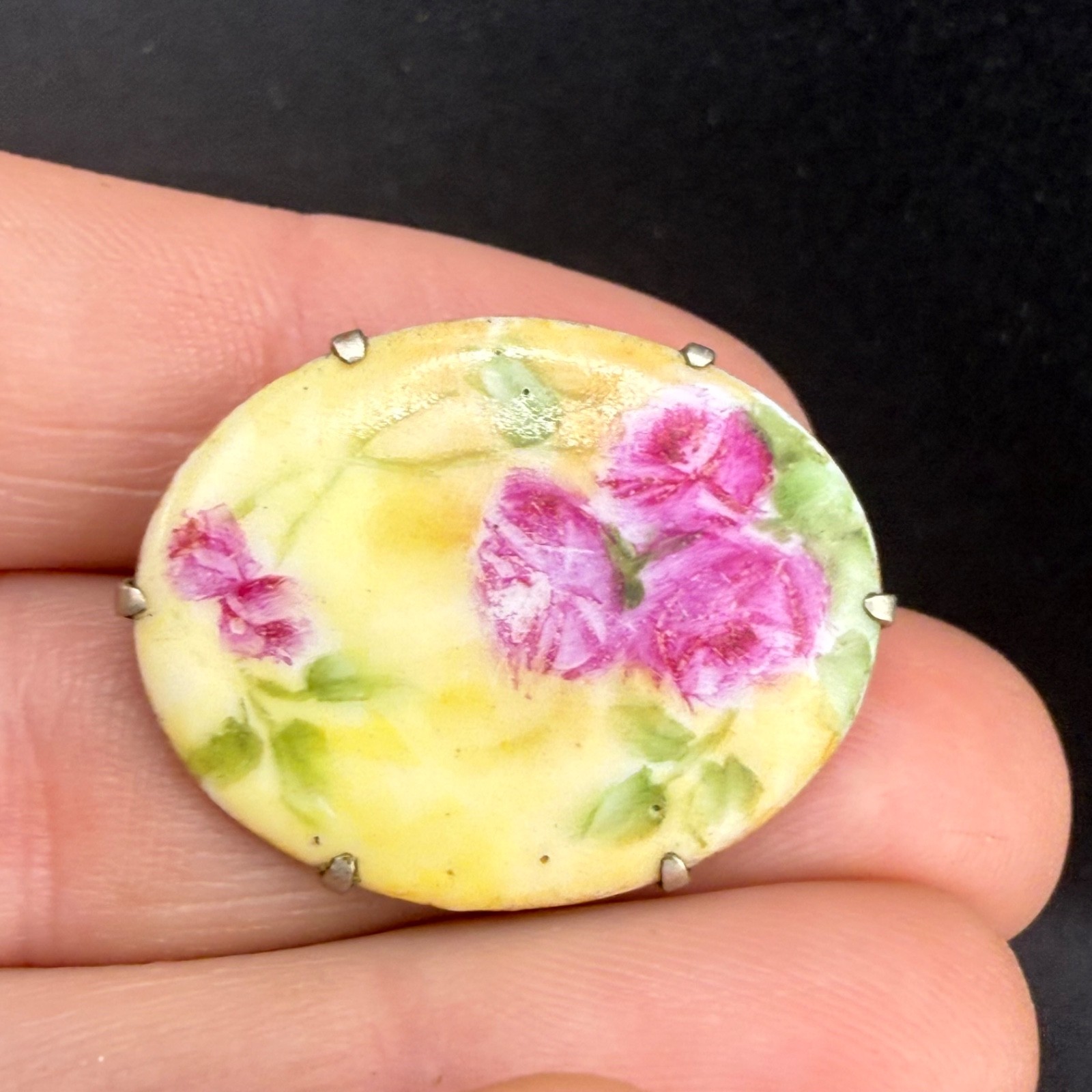 Vintage Victorian Porcelain Brooch Hand Painted Flowers Pink